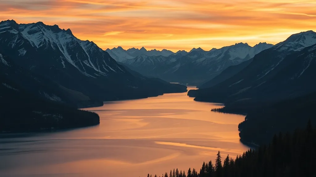 A wide shot of British Columbia mountains and lake, silver a