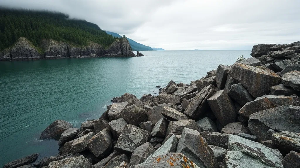 Rugged rocky coastline of British Columbia, deep green water