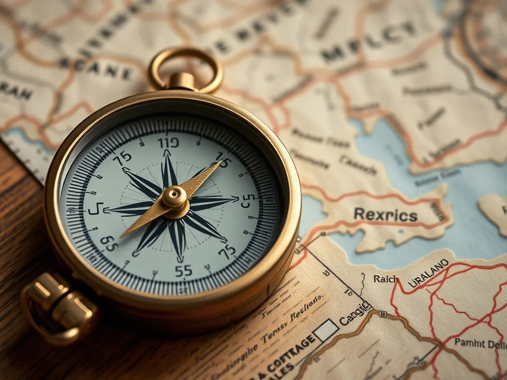 Close up of a compass and a topographical map on a wooden ta
