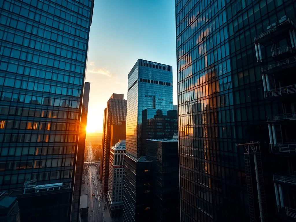 A high-angle architectural shot of a modern financial distri