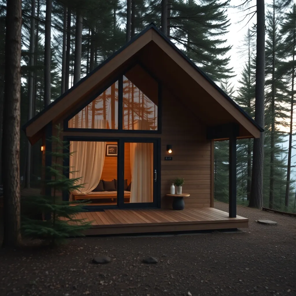 Modern minimalist wooden cabin in the woods on the Sunshine
