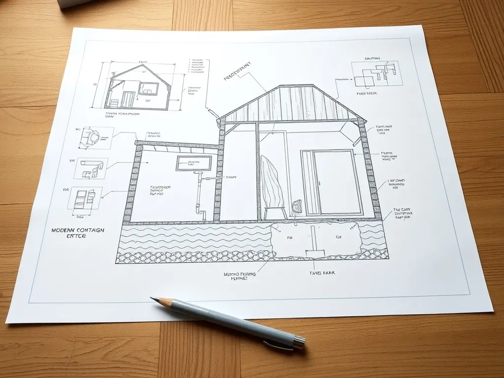 A technical architectural blueprint of a modern cottage foun