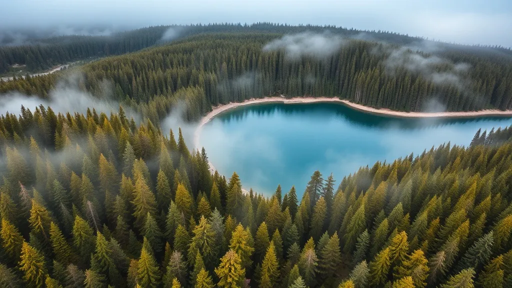 Aerial view of a misty coastline in British Columbia with pi